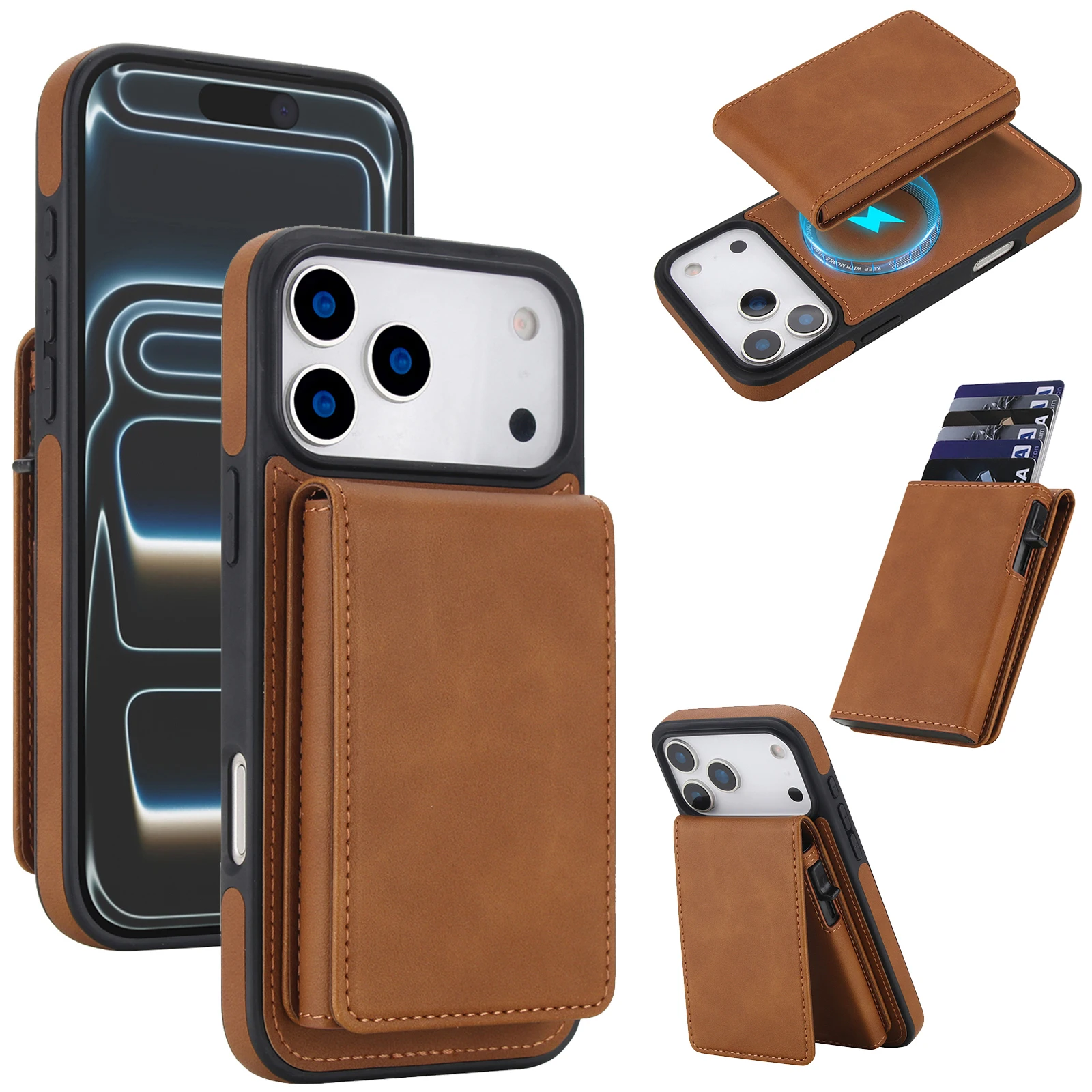 

2 in 1 Detachable Magnetic Leather Wallet Card Solt Phone Case For iPhone 17 Pro Max 16 Plus 15 14 13 Kickstand RFID Bag Cover