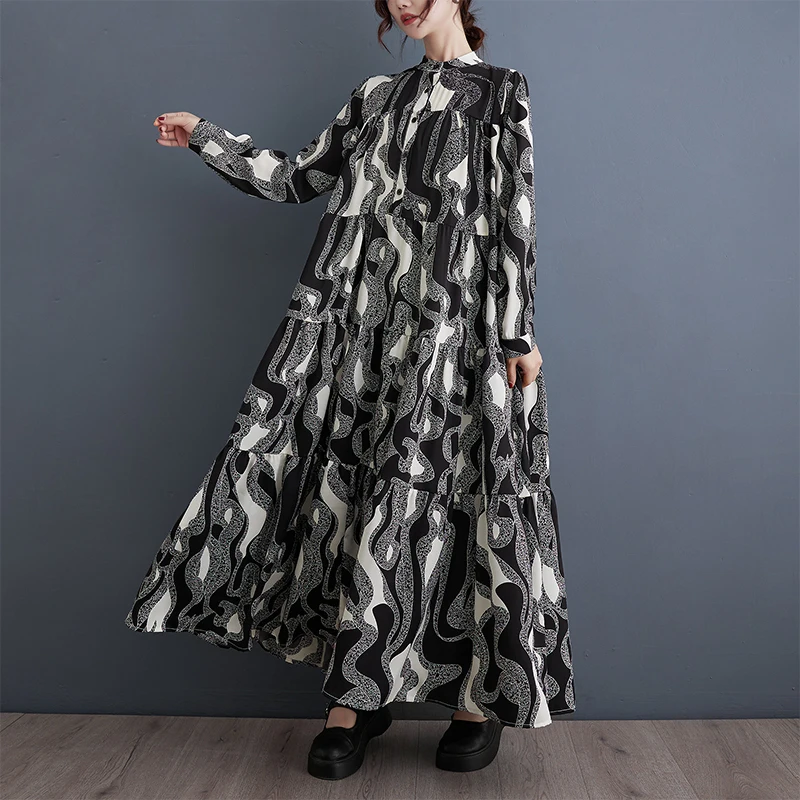 #3713 Spring Vintage Printed Long Shirt Dress Women Loose Korean Fashion Buttons Retro A-line Dress Long Sleeve Split Joint 