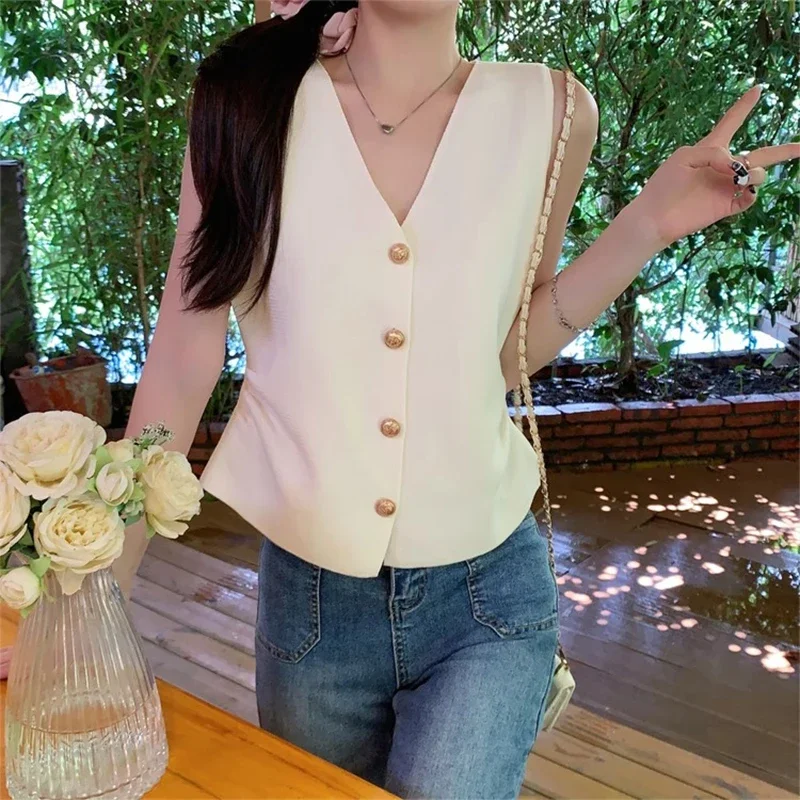 

French Solid Color V-neck Single-breasted Sleeveless Slim Knitted Vest For Women