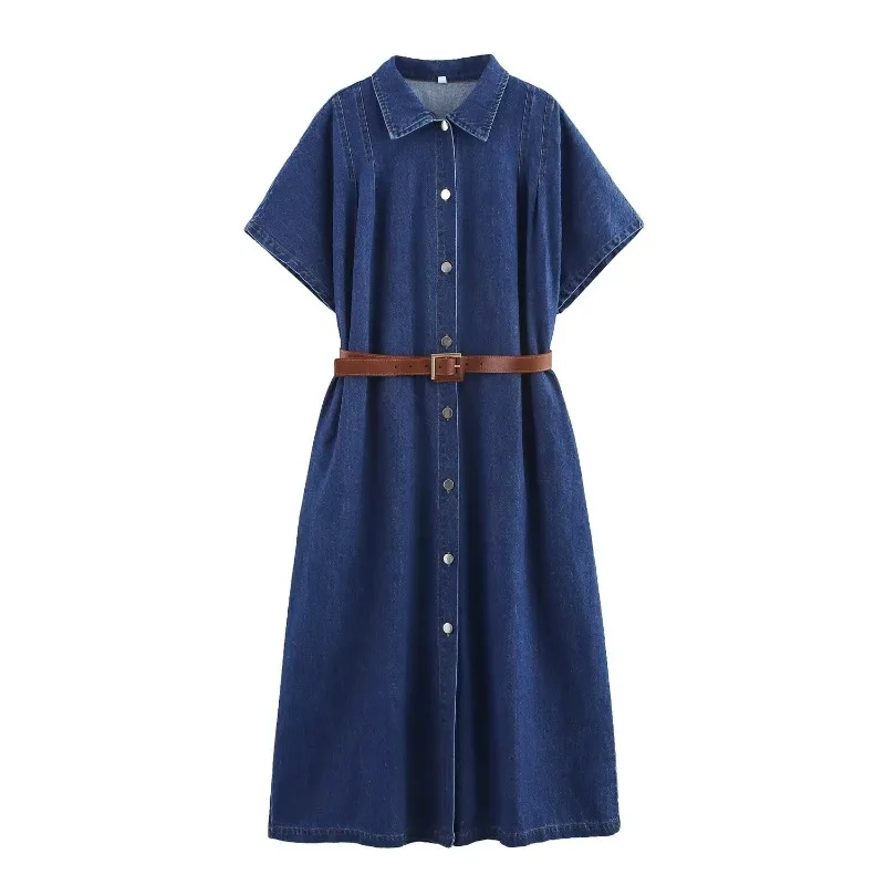 

TRAFZR Womens Dark Blue Denim Dress 2025 Lapel Short Sleeve Button Down A-Line Maxi Dress for Spring Summer Casual Wear