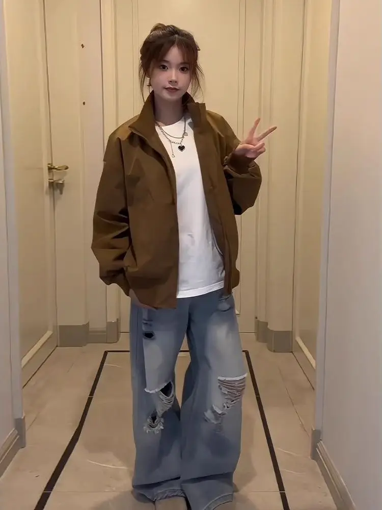 

Коричневый американский Sle Flight Jaet ex Spring Autumn ort Coat High Sensation Cool Collar Baseball orm Trendy Faion