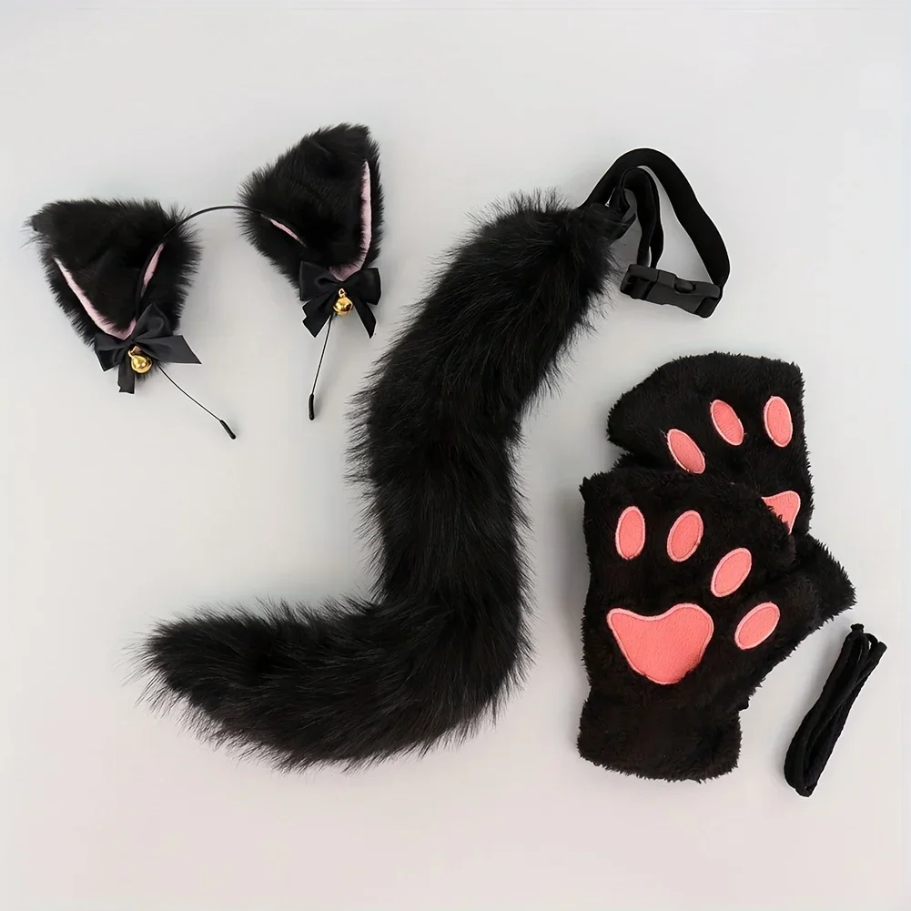 

3-piece Halloween Cat Set - Cute Cat Chime Animal Ear Headband with Adjustable Tail, Suitable for Halloween Animals