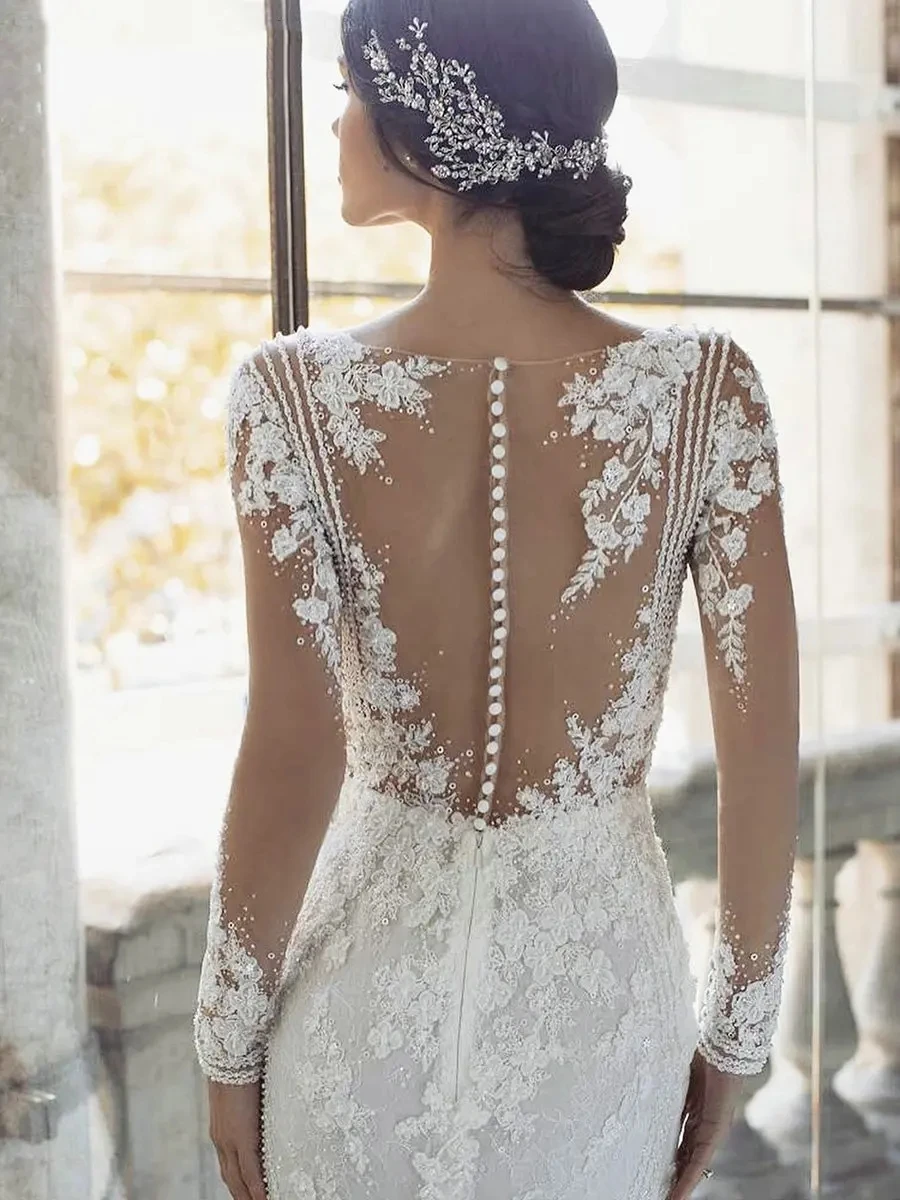 Robe de Mariée de Luxe avec Traîne Amovible, Manches sulf, Appliques en Dentelle, Forme Trapèze, Quelle que soit la Chérie, 2024