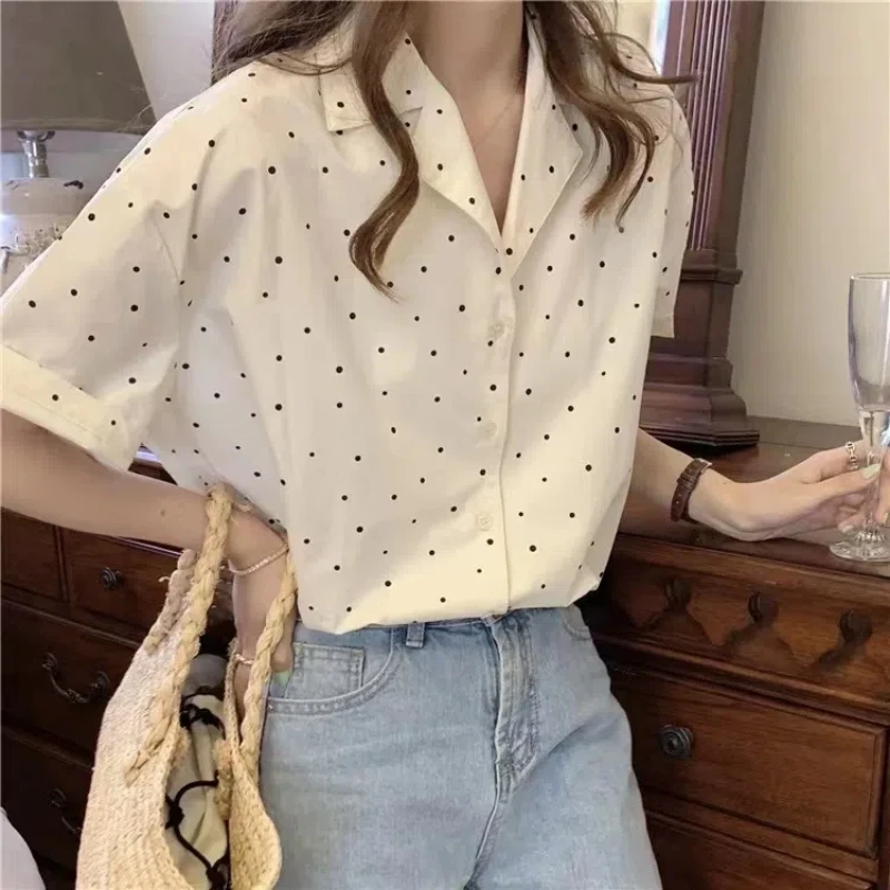 

Summer Korean 2024 New Pattern Design Sense Tailored Collar Polka Dot Tops Fashion Short Sleeve Shirt Women's Clothing Tops