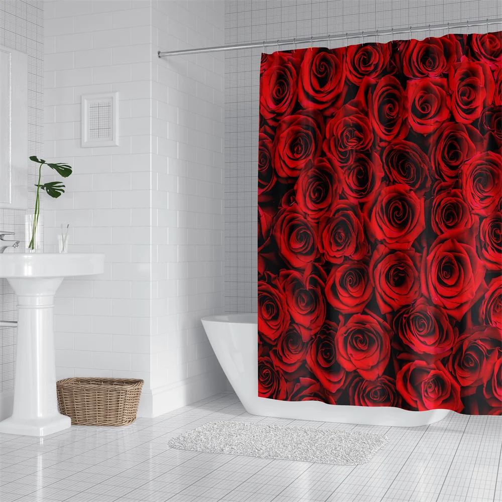 1pc Red Rose Shower Curtain Bathroom Partition Decorative Curtain Machine Washable Rose Print Window Privacy Curtain