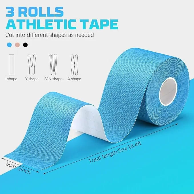 3 Rolls Athletic Kinesiology Tape, 5cm X 5m Elastic Sports Muscle Support Tape, Waterproof Breathable Athletic Tape for Sports I