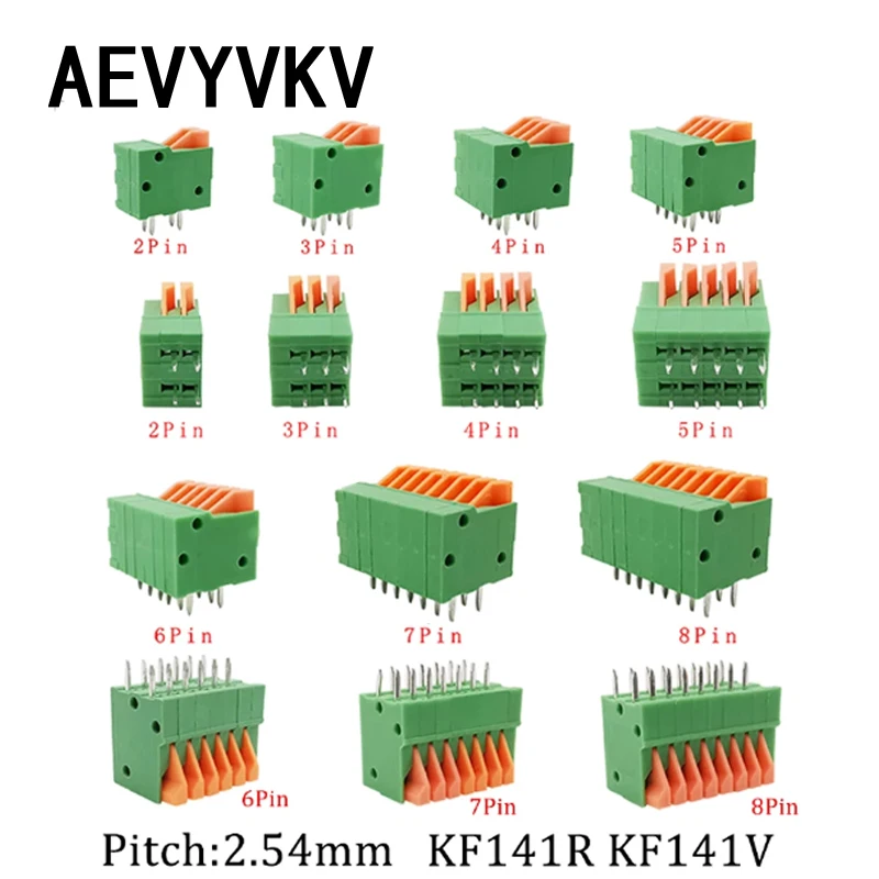 10Pcs 2.54mm Pitch KF141V KF141R Push-in Spring Screwless Terminal Block Straight/Bent Foot 2/3/4/5/6/7/8/9/10P PCB Connector