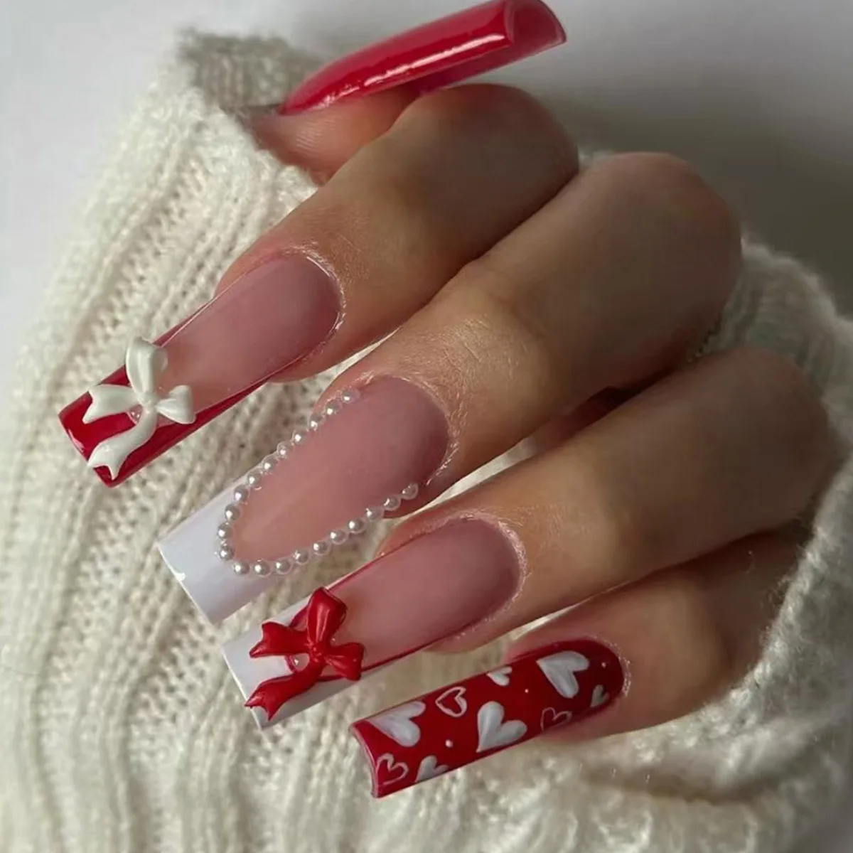 24 stuks extra lange vierkante pers op nagels sets Valentijnsdag 3D boog ontwerp doodskist nepnagels schattig liefdespatroon Franse valse nagel