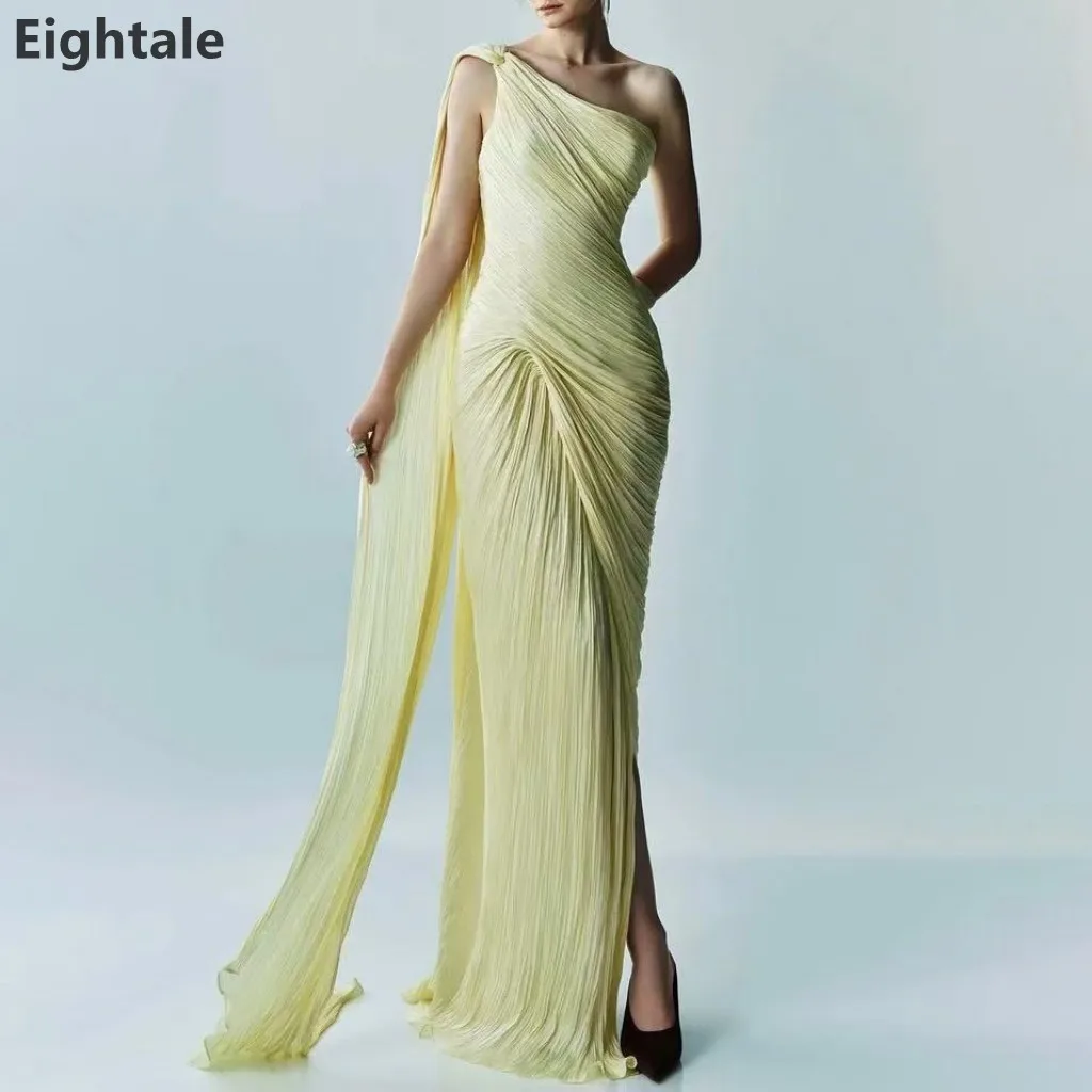 

Eightale 2025 Yellow Silk Chiffon Mermaid One Shoulder Maxi Evening Dress Wedding Formal Prom Dress Dubai Party Gown Customized