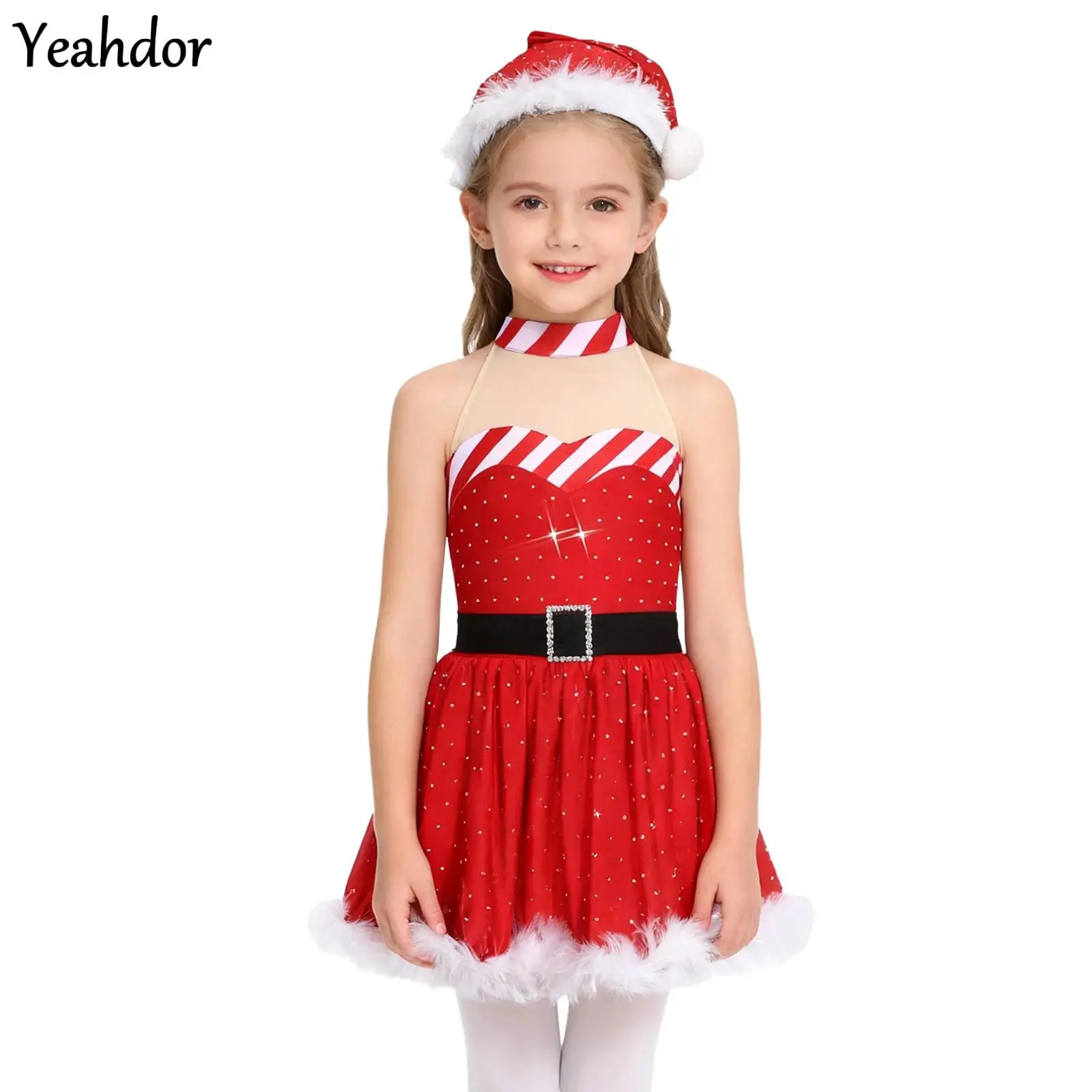 

Girls New Year Christmas Dance Costume Rhinestones Candy Cane Striped Ballet Tutu Dance Dress Sleeveless Mesh Leotard Dress +Hat