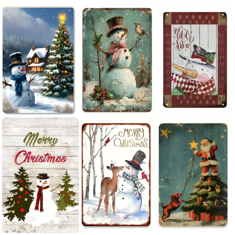 6 Stück Metall-Blechschilder im Vintage-Weihnachtsthema, 6-teiliges Set, Retro-Wandkunst-Plaketten aus Eisen mit Weihnachtsgrüßen, rustikale Dekoration für Zuhause