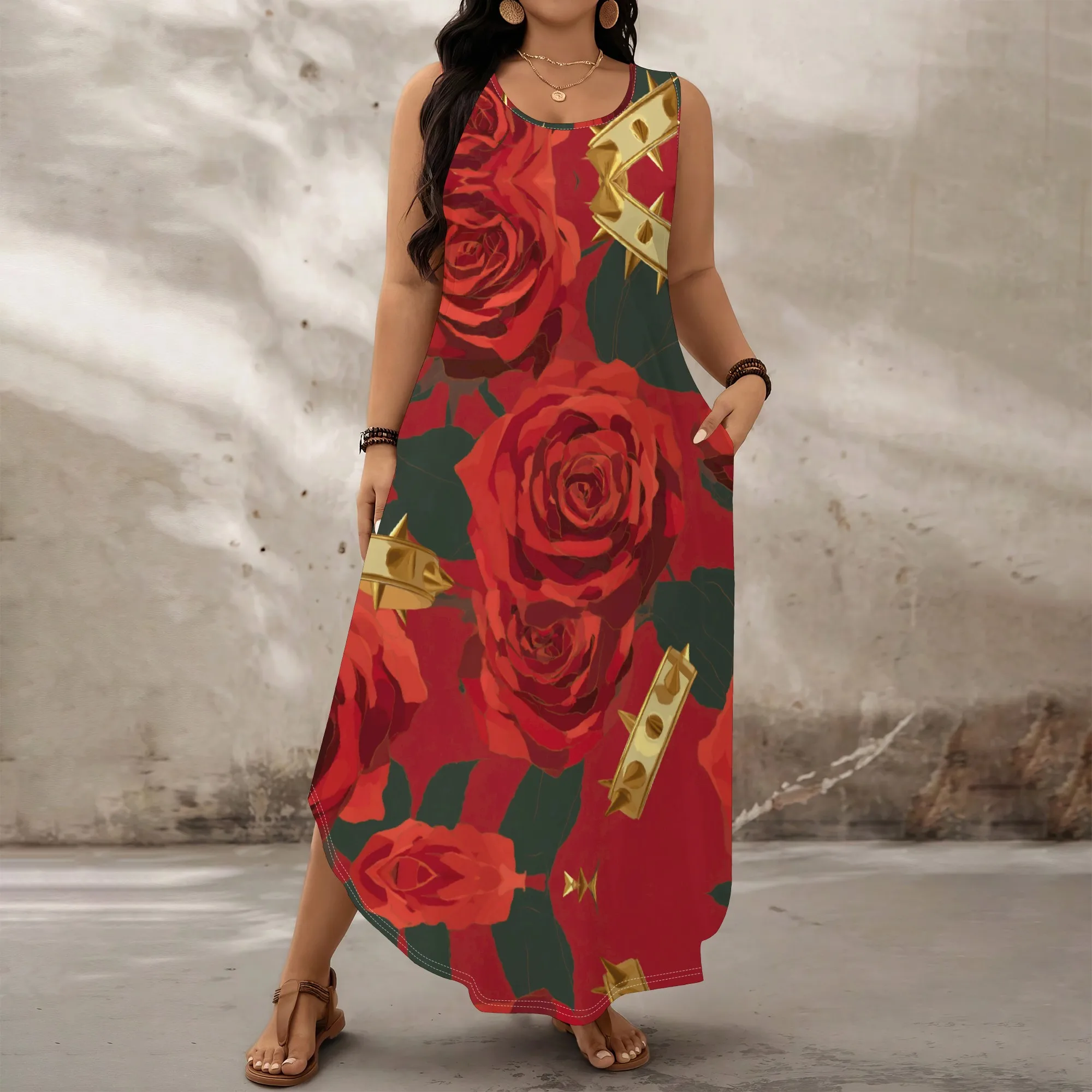 

Plus Size XL-6XL Women's Rose Print Maxi Dress 2025 New Arrival Sleeveless Casual Summer Party Outfit Valentine's Day Look