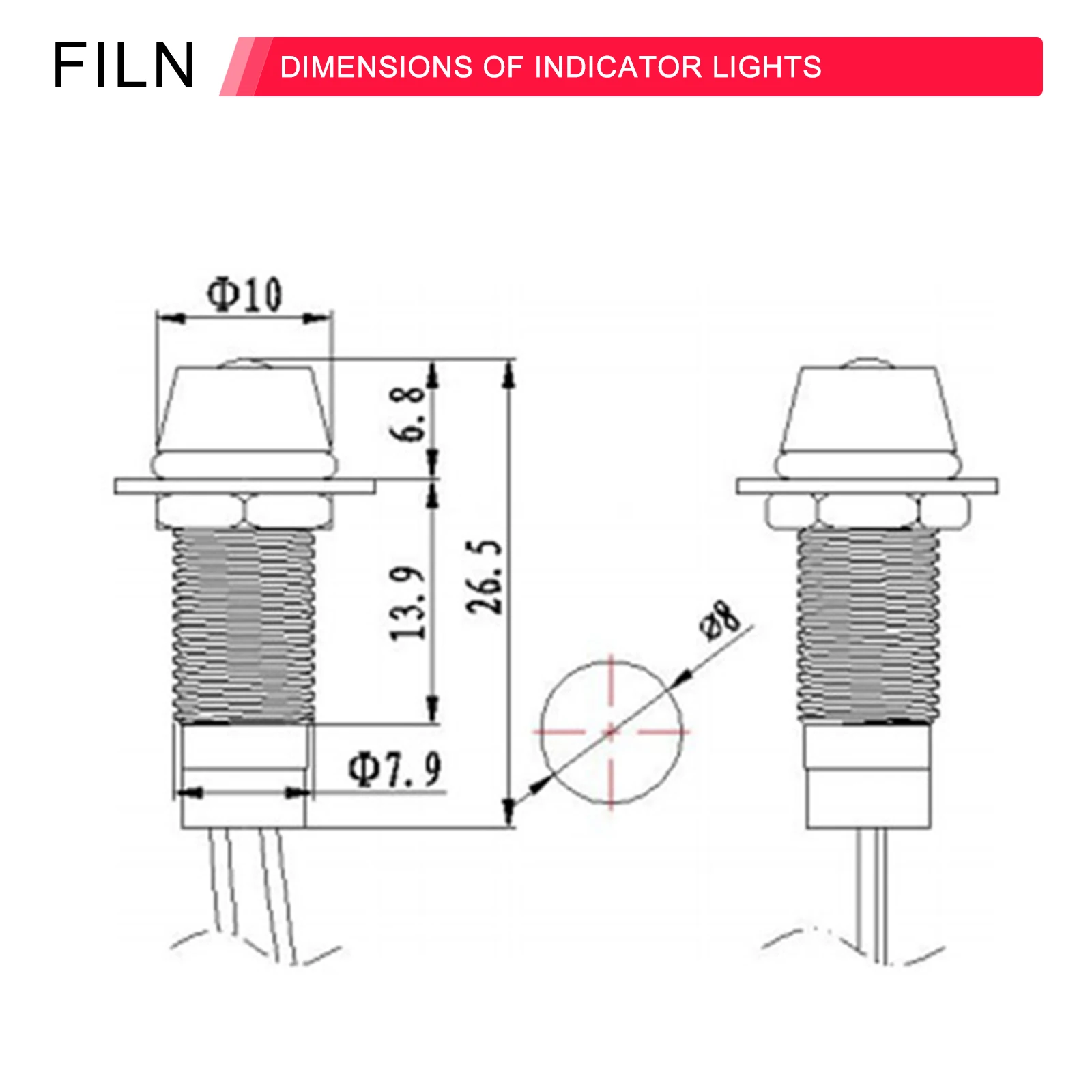 FILN CE metalowy otwór montażowy 8mm 12v 24v 220v 110v wysokiej jakości lampki pilotowe lampka kontrolna led z przewodem