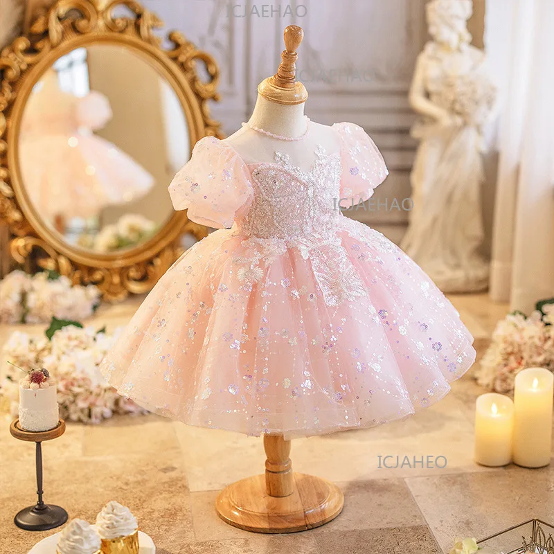2026 New Princess Dress Style Kids Formal Dress Puff Sleeve Fairy Pink Girls Forest Style Toddler One-Year-Old Birthday Puffy