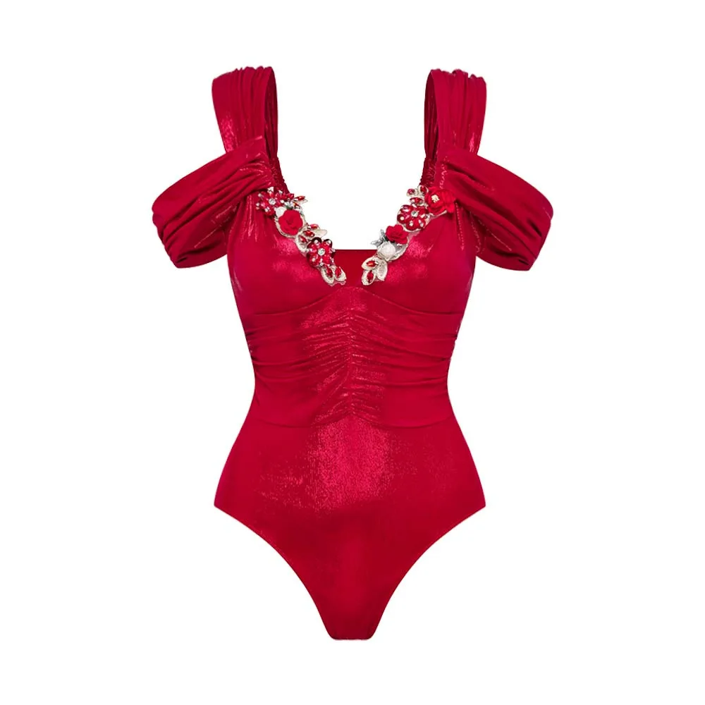 CPUTAN Sexy Red Shiny Embroidery Women One Piece Swimsuit and Skirt Monokini Summer Vintage Swimwear 2024 Bathing Suit Dress