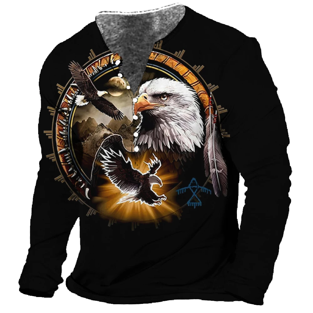 Men T-Shirt Henley Vintage Eagle Motorcycle Print Long Sleeve Daily Top Harajuku Streetwear Tee Men Seven Button Tshirt Pullover