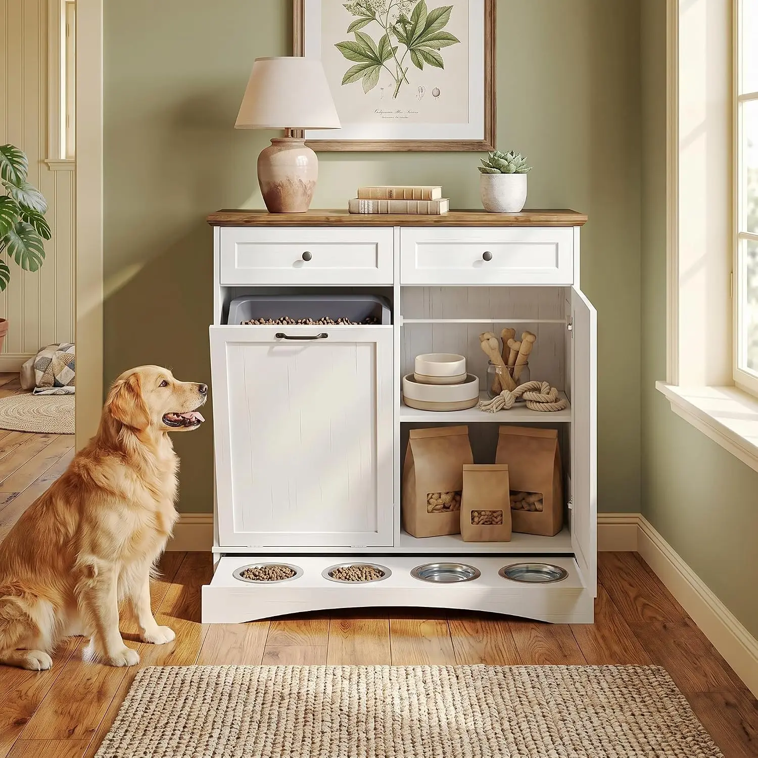 Pet Feeding Station with 4 Bowls,Dual Doors dog cabinet storage
