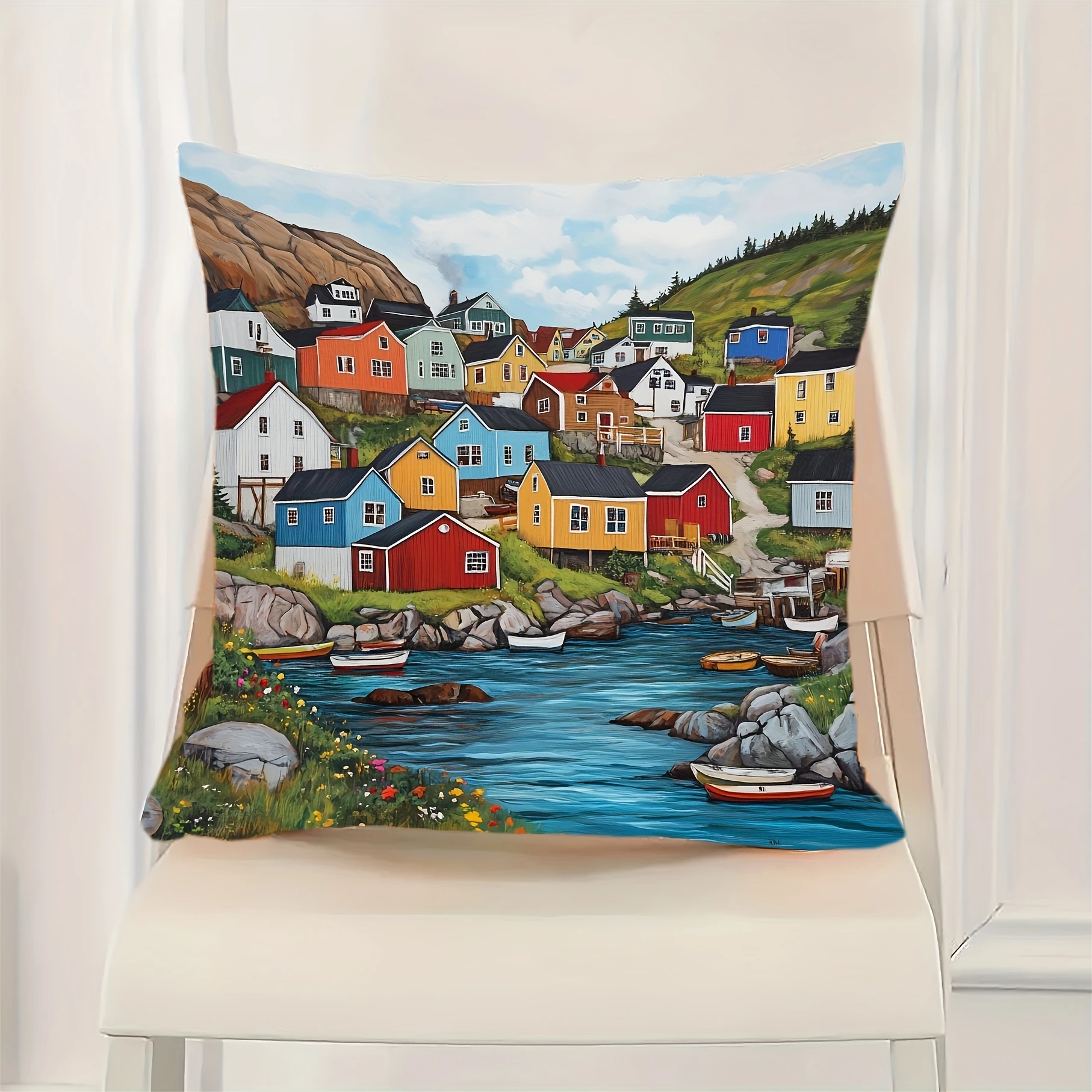 Colorful Coastal Fishing Village Pillow Cover Norwegian Fjord House Print Cushion Case Nautical Seaside Home Decor