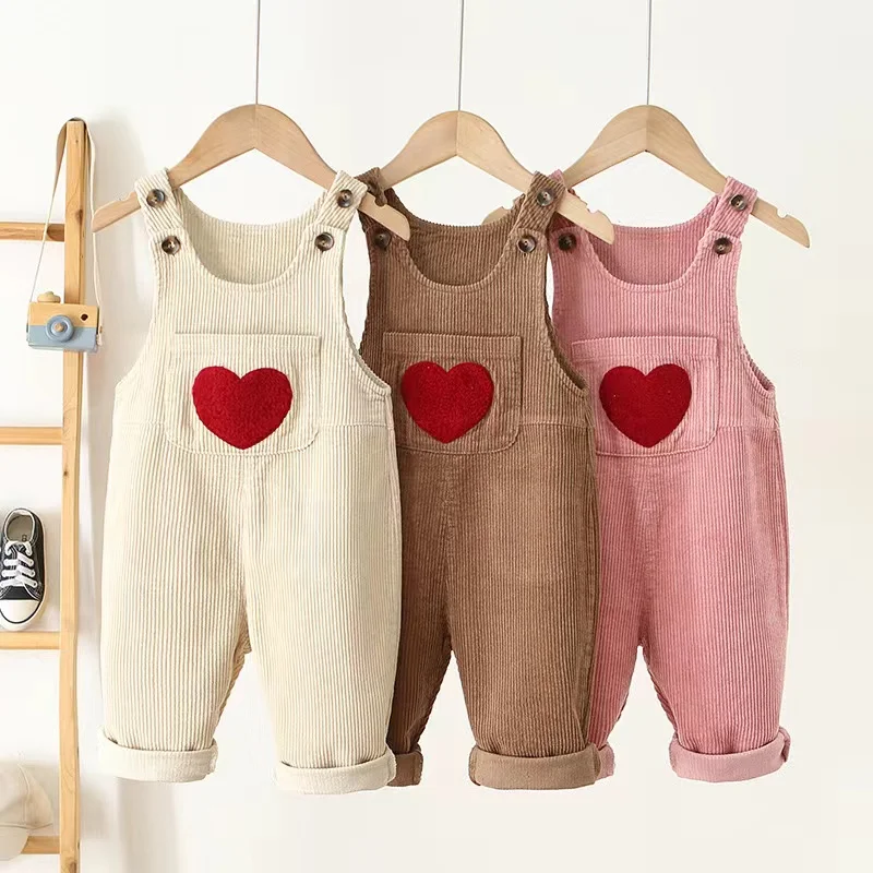 

1-4Y Spring Kids Baby Clothes Heart Embroidery Baby Boys Girls Bib Pants Solid Overalls Corduroy Casual Suspender Outwear