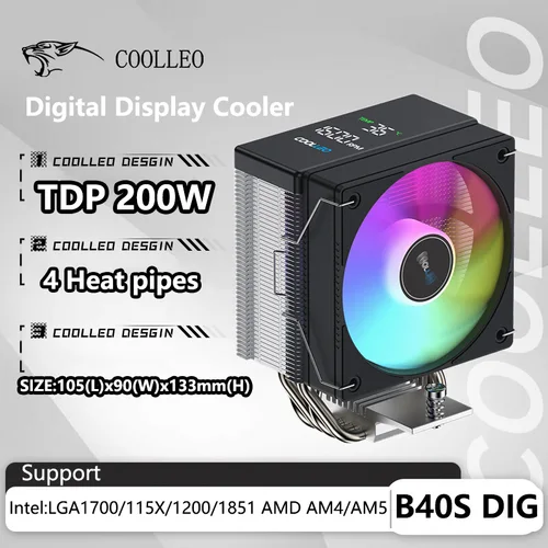 COOLLEO B40S DIG 4 tubos de calor enfriador de CPU pantalla de temperatura inteligente radiador TDP 200W enfriador de aire para LGA1700 115X AM4 AM5