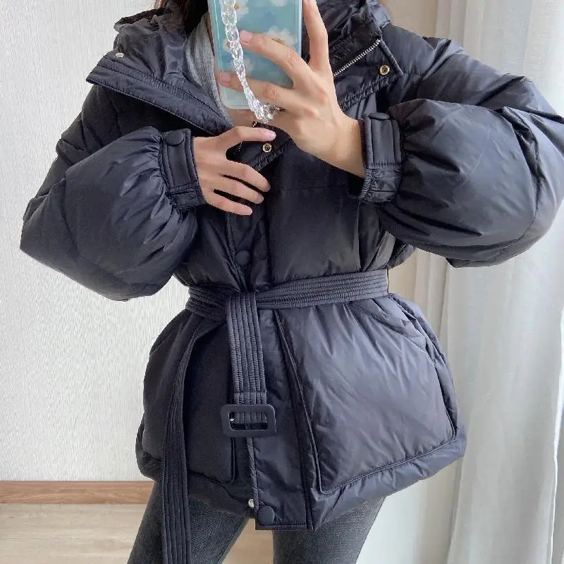 الأبيض Du down Puffer Jaet الشتاء Thiened الخبز Sle طالب فضفاض الخصر مربوط معطف بسيط تخفيف Sle ألياف البوليستر