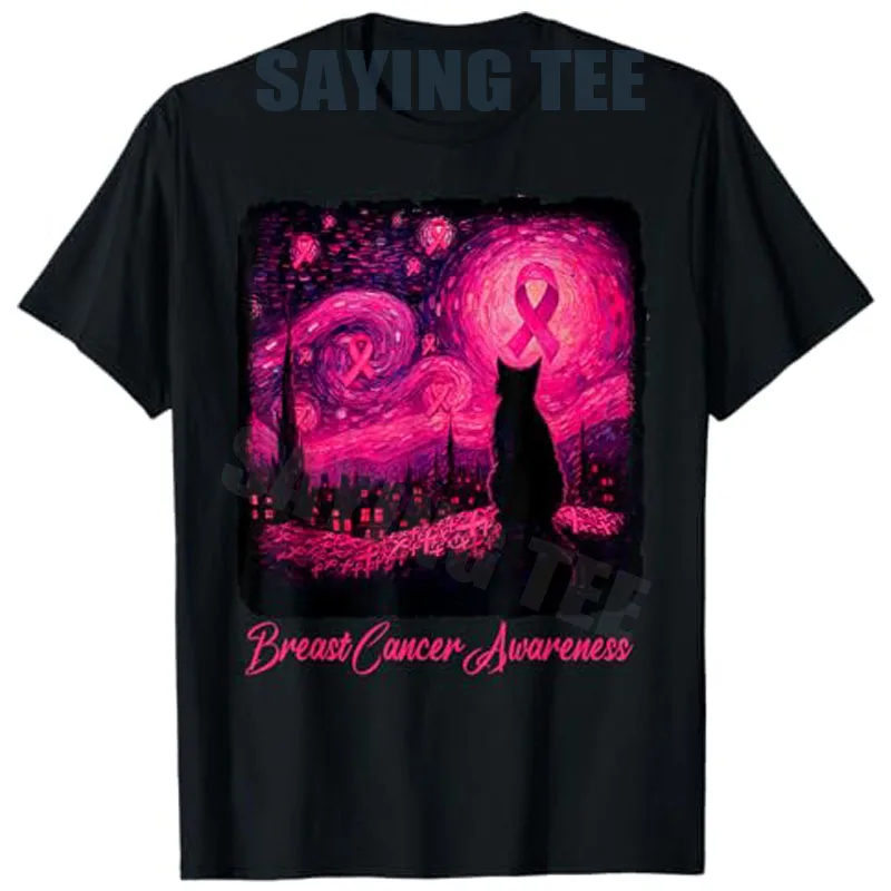 

Starry Night Van Gogh Cat Halloween Breast Cancer Awareness T-Shirt in October We Wear Pink Y2k Graphic Outfit Pink Ribbon Tees
