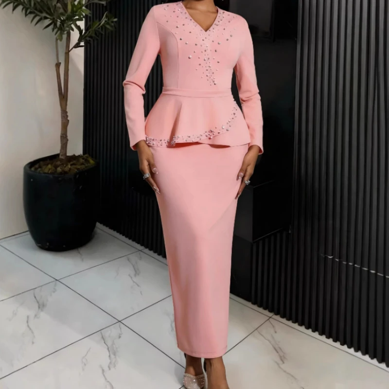 

2026 Spring Women V-neck Beading Long Sleeves Elegant Dress Waist Slim Weddings Guest Office Ladies Gowns New