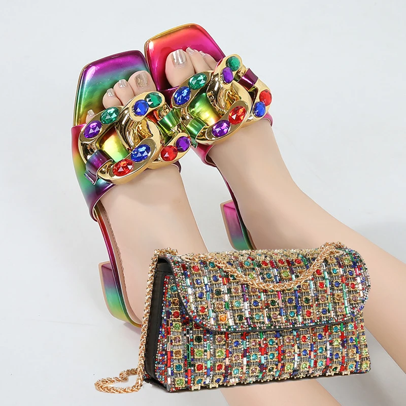 New Plus Size Sandals For Women With Colorful Metal Rhinestone Square Toe High-heeled Shoes Colorful Rhinestone Dinner Bag Set