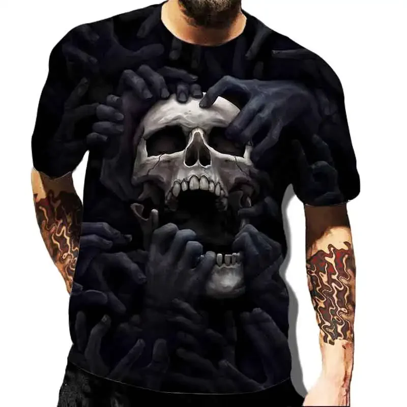 3D Skull Printed Black Streetwear Men's T-Shirts Short Sleeve Round-Neck Horror Halloween Man Tops Loose Gothic Round-Neck Tees