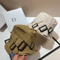 Sombrero de cubo con hebilla de cinturón de Panamá para mujer, protector solar de pescador, sombreros de sol de playa casuales de moda, gorra de lavabo superior plana