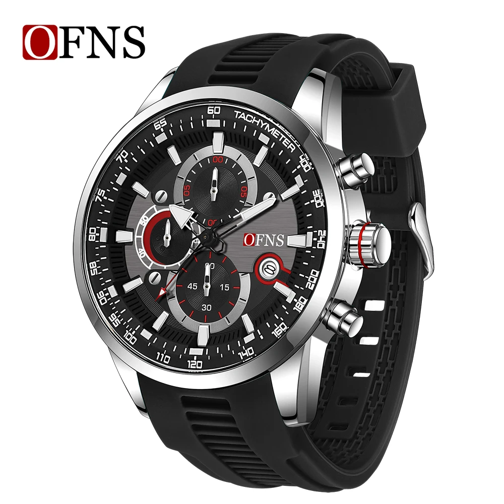 

Ofns Brand New 8024 Business Men's Quartz Watch Three Eye Six Needle Chronograph Waterproof Night Light Calendar Silicone Strap