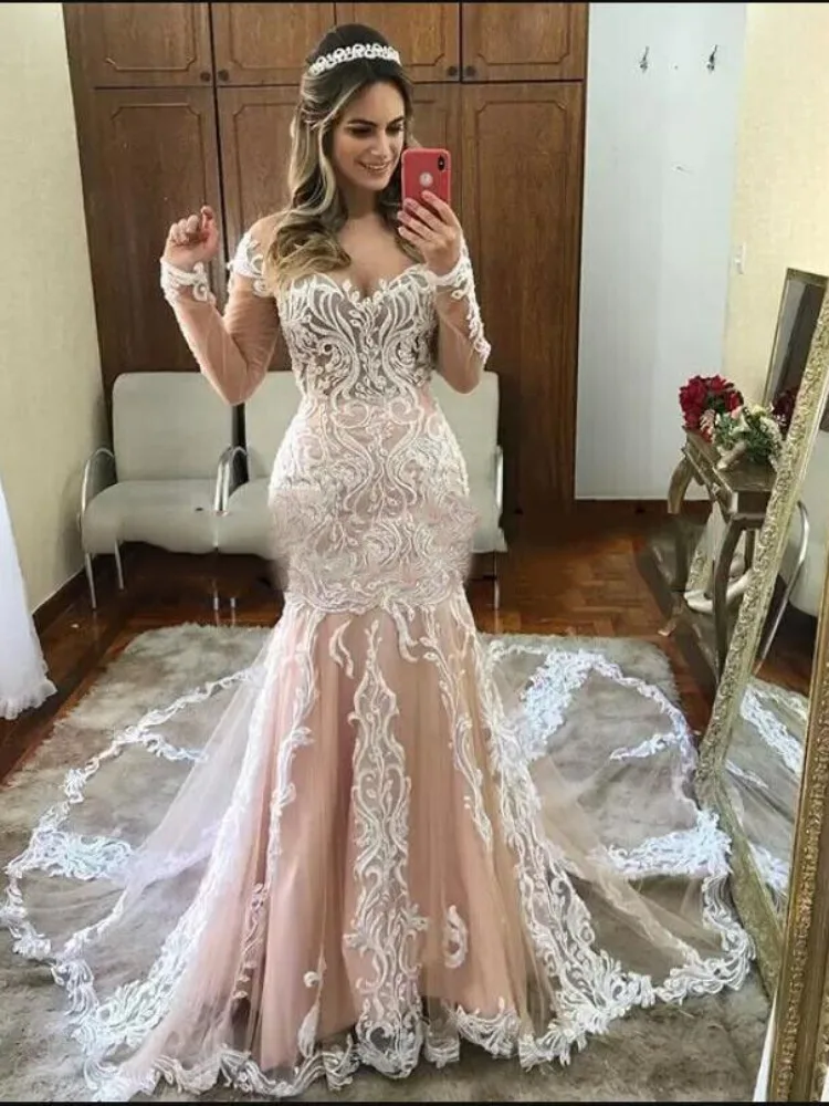 Vestido De Novia De princesa sirena, prenda transparente De manga larga con cuello redondo y botones en la espalda, color marfil y champán