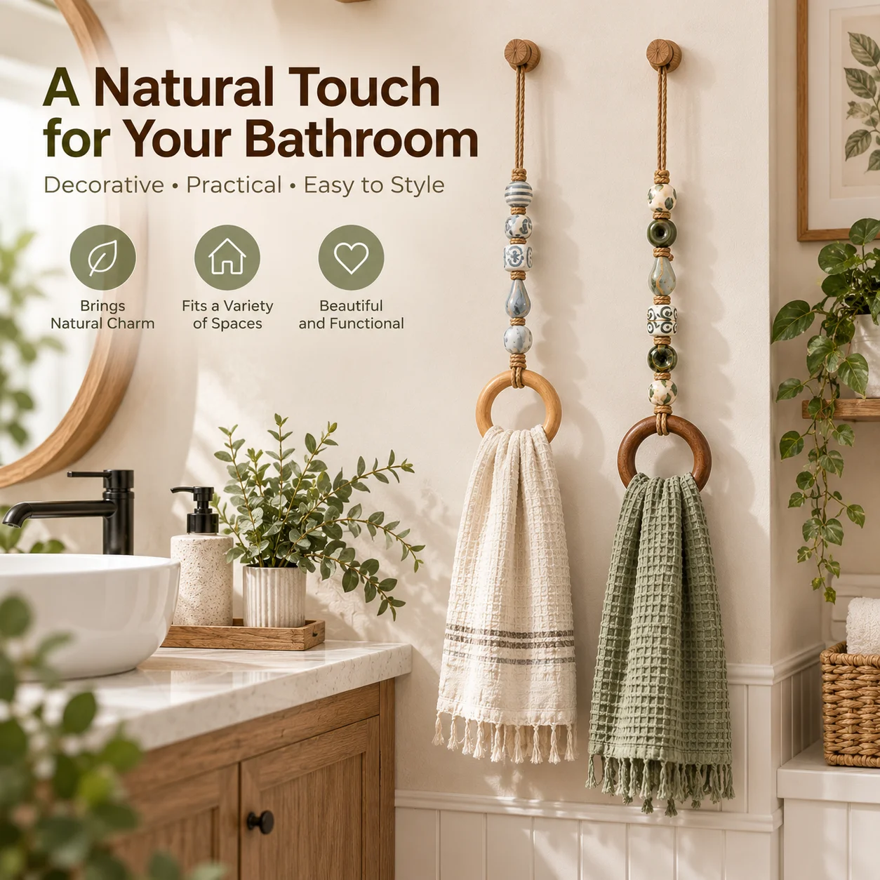 2/4 Pcs Beaded Towel Holders with Wooden Rings, Boho Farmhouse Style Woven Hanging Hand Towel Rings