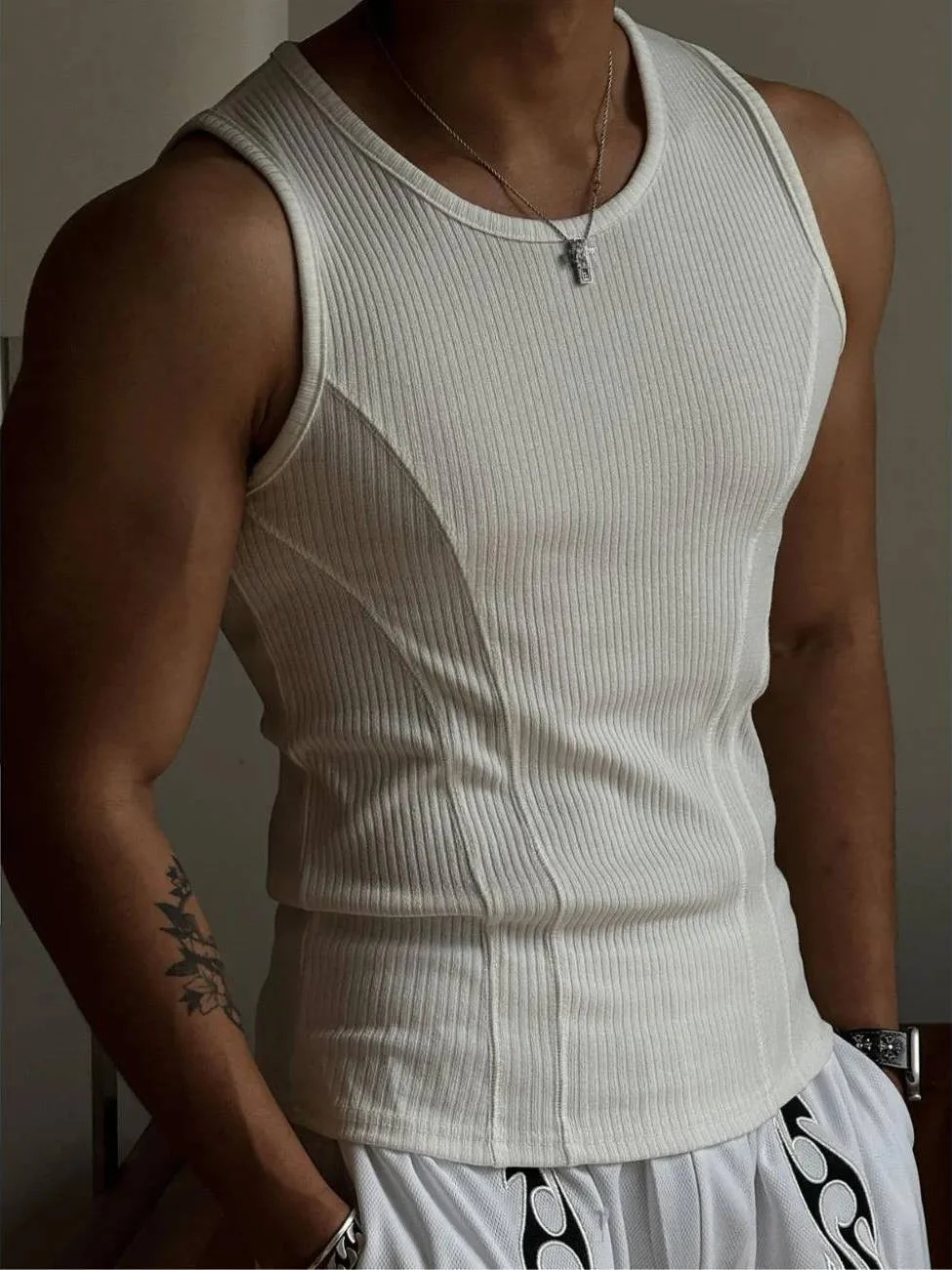 

American Sle Slim Fit Summer Svel round Ne Fitn Vest Vertical Stripes Elastic Splice Youth Faion Thin Cotton T...