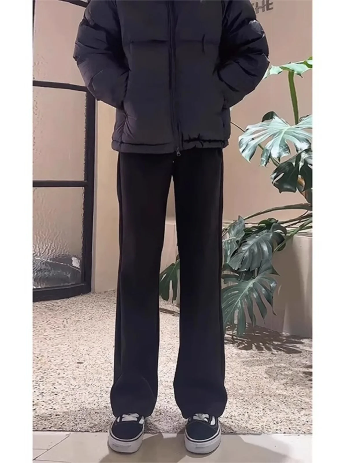 Black Heavyweight Bell Bottom Sweatpants Men's Autumn Winter Fleece Lined Sports Casual Straight Leg Knife  Pants