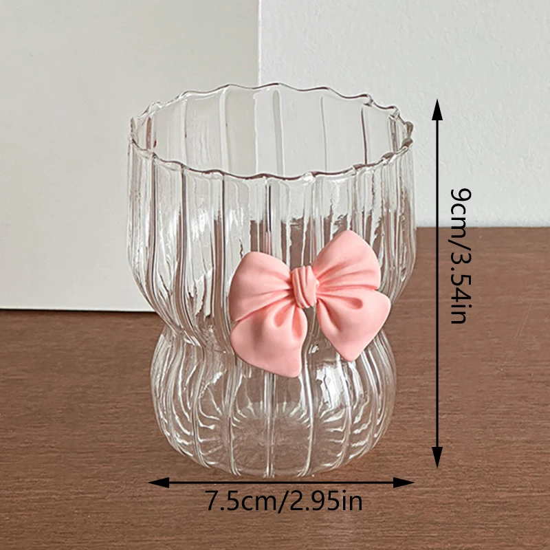 Cute Pink Bow Glass Water Cup Cartoon Bow Glass Cup Striped Cute Doodle Coffee Mug Household Fruit Tea Lemonade Girls Gift