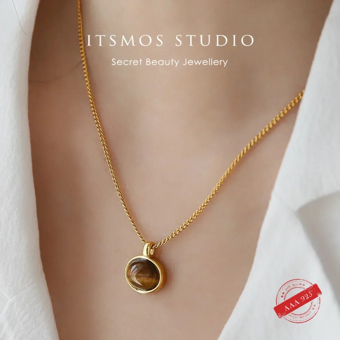 

ITSMOS винтажный тигровый глаз камень 18 К позолоченный ретро s925 стерлингового серебра кулон ожерелье натуральный камень для женщин ювелирные изделия