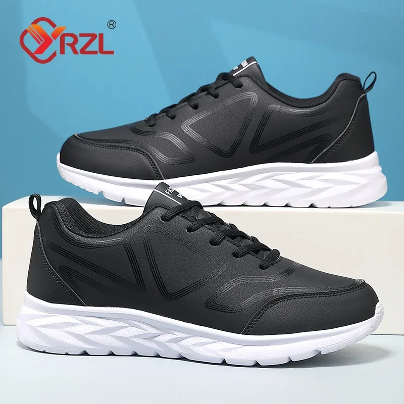 YRZL Black Running Shoes Leather Waterproof Athletic Sneakers Men Wear-resistant Men Walking Sport Shoes Comfortable Men Shoes