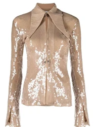 HIGH STREET New Fashion 2024 Designer Blouse Shirt Women's Flare Sleeve Glitter Sequined Gauze Shirt