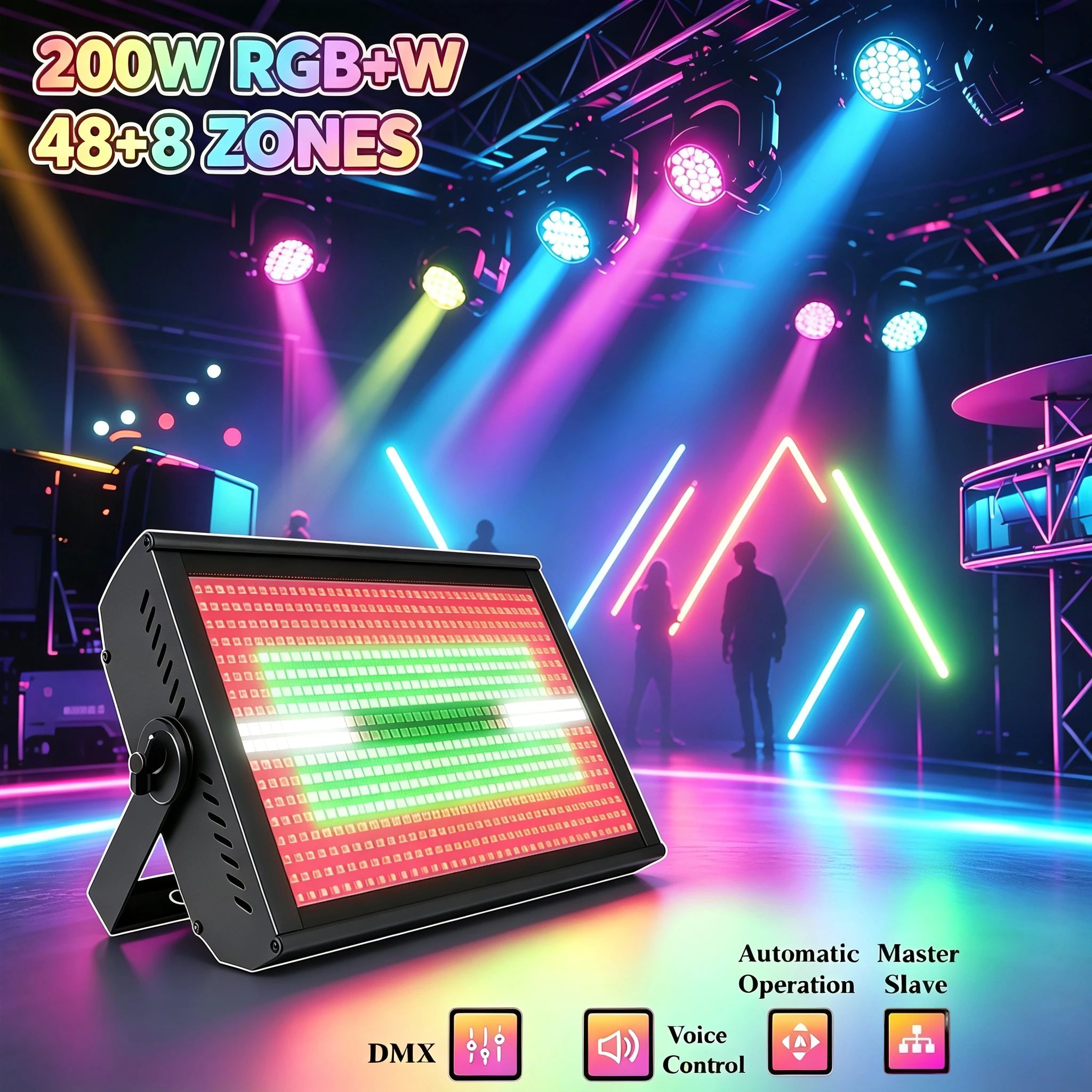 Strobe Lighting 200W RGB+W 48+8 Zones Party Decoration Wedding Stage Lights For Dj Disco Aluminum Case DMX Music Controller