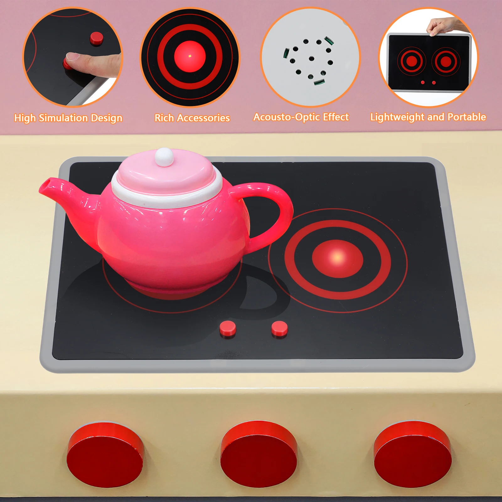 مجموعة لعب المطبخ ذات الموقد التعريفي مع ضوء صوت محاكاة واقعي، تصميم محمول، نشاط الطبخ التظاهري للأطفال