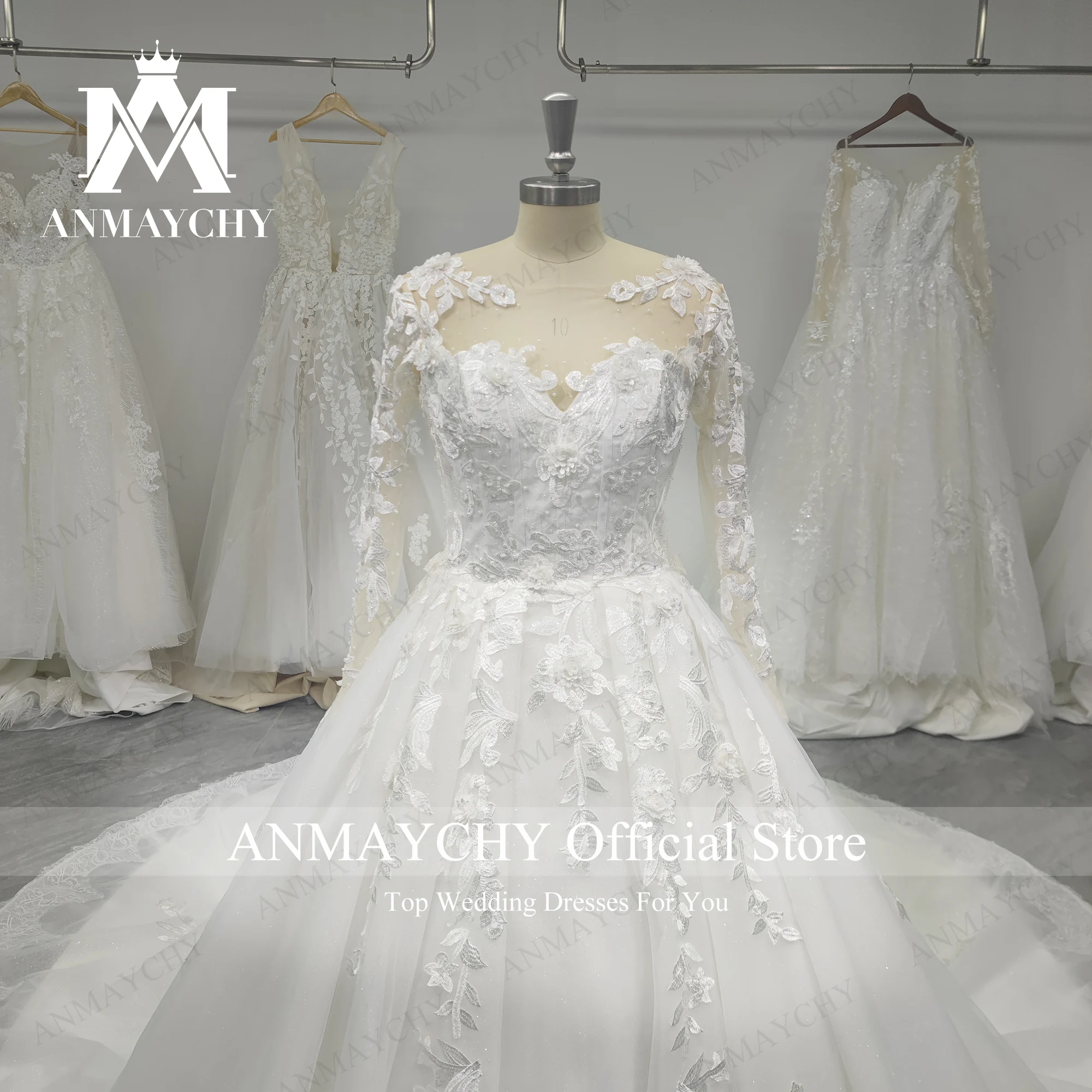 ANMAYCHY Ball GownLuxury Hochzeit Kleider Für Frauen 2022 Perlen Appliques SCOOP Spitze Langarm Hochzeit Kleid Vestidos De Novia