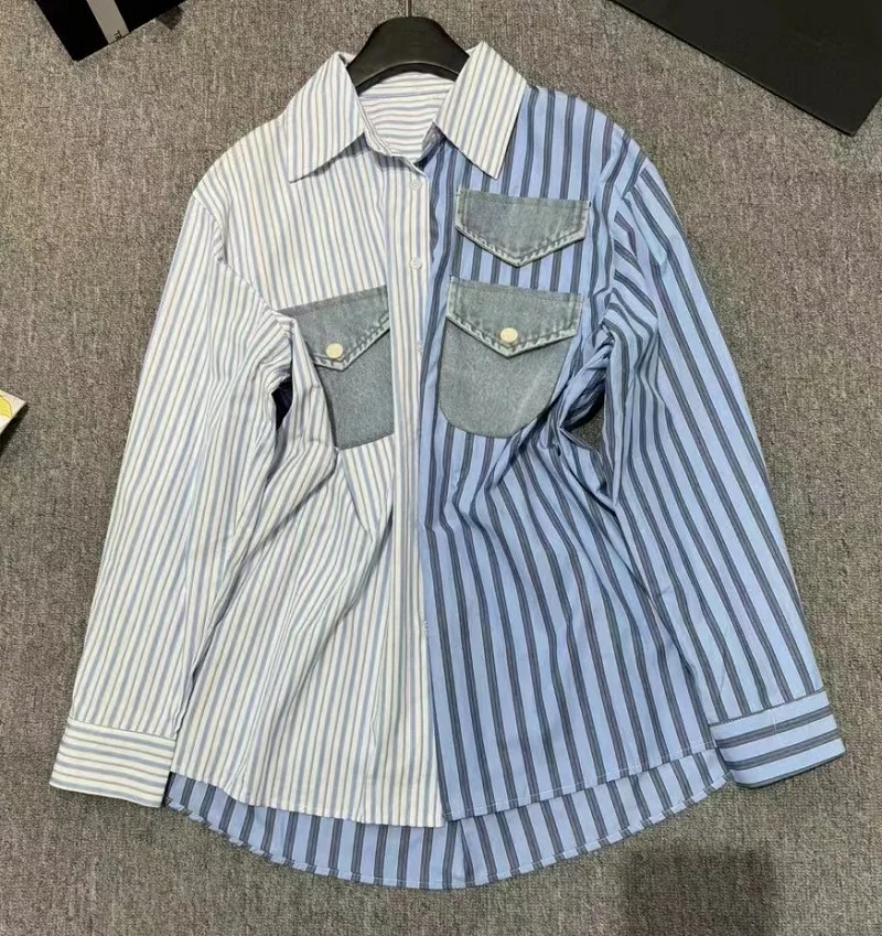 New 2025 Spring Fashion Blouse Shirt High Quality Ladies Turn-down Collar Denim Chest Pocket Long Sleeve Striped Shirt Loose Top