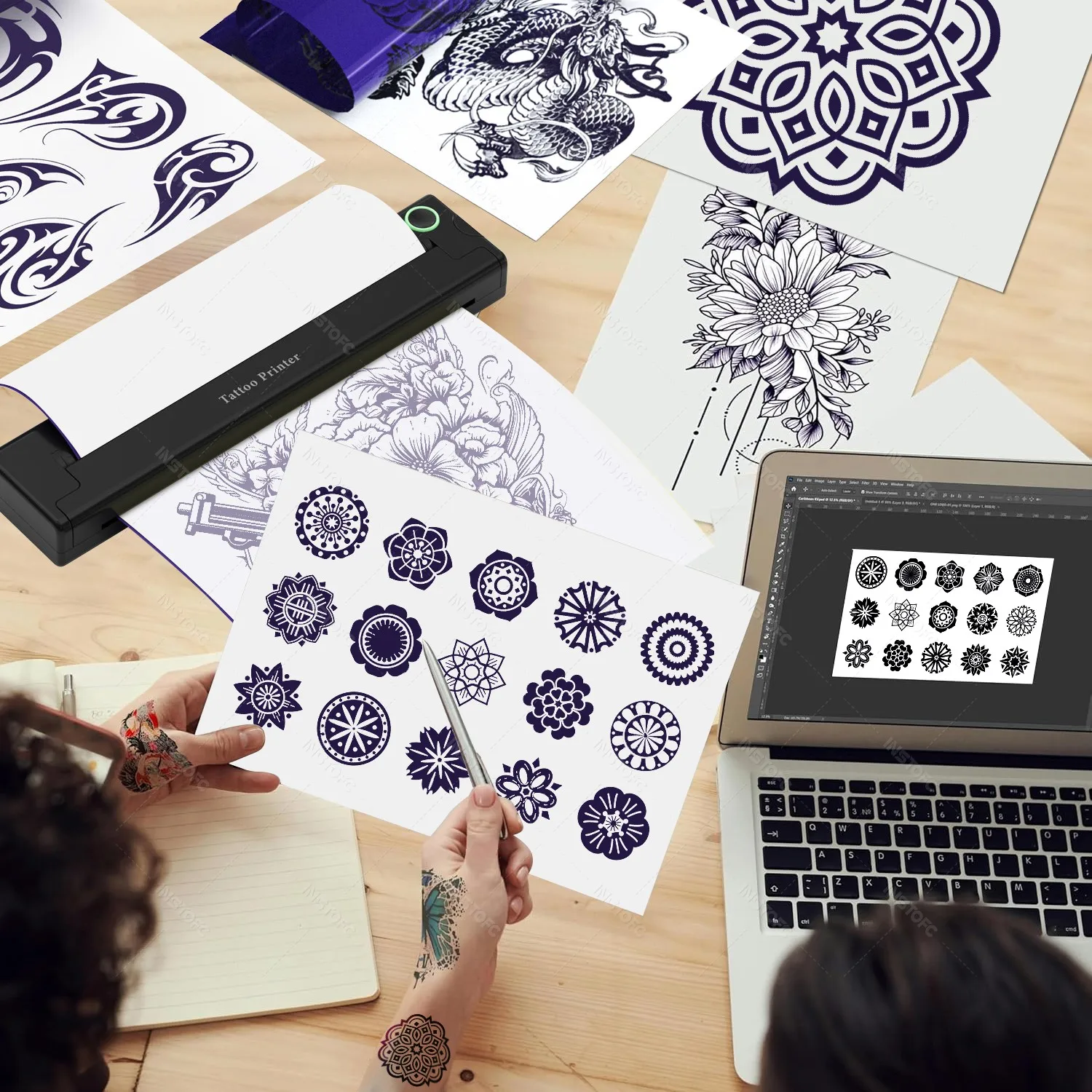 Wireless Bluetooth Built-in Battery A4 Tattoo Template Transfer Machine Portable ​Thermal Template Printer Thermal Copier Papers