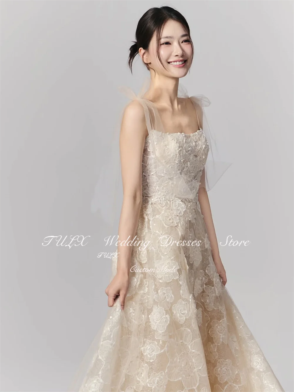 TULX Hada encaje una línea vestido de noche largo Corea sesión de fotos de boda sin tirantes mangas desmontables vestido de fiesta corsé personalizado