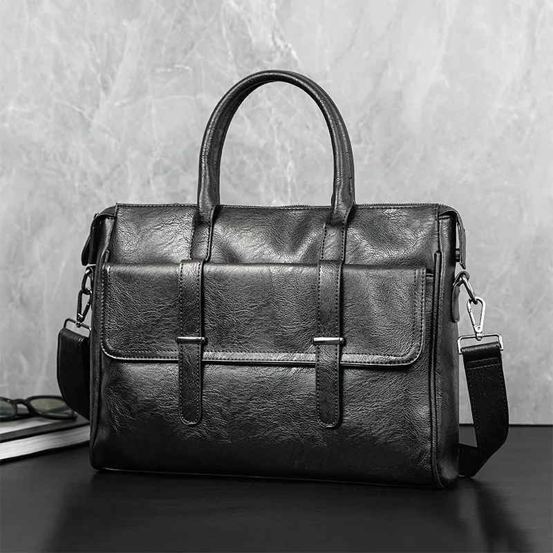 Men's Briefcase Leather Handbag Retro Top Layer Cowhide Laptop Bag Crazy Horse Leather Shoulder Messenger Bag Luxury Bag