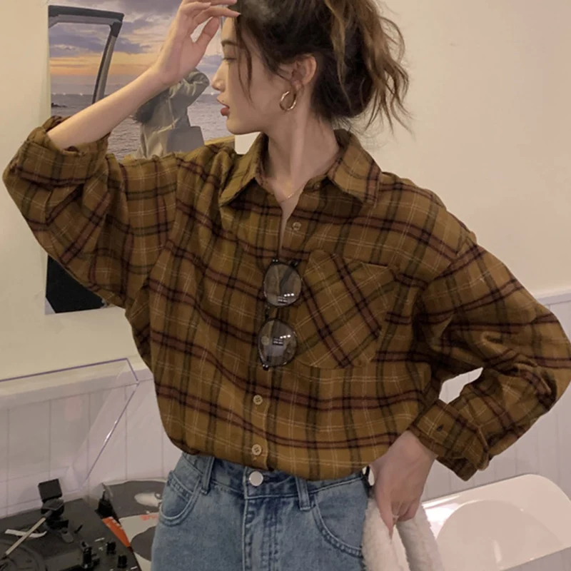 Alle Match Mix Kleur Geruite Shirts Vrouwen Herfst Winter Single Breasted Lange Mouw Vrouw Turn Down Kraag Blouses Vrouwelijke