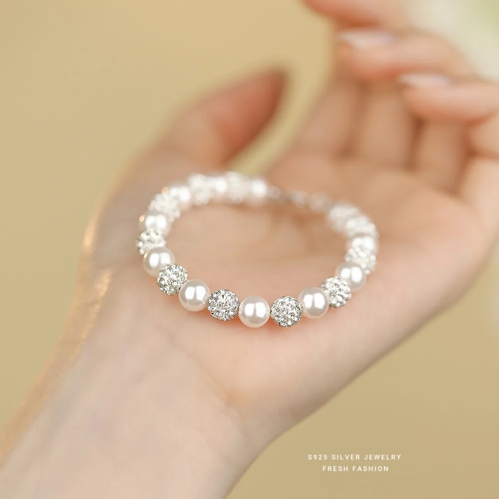 

BR S925 Sterling Silver Zircon Pearl Bracelet for Women, French Luxury Starry Design, Elegant High-End Jewelry