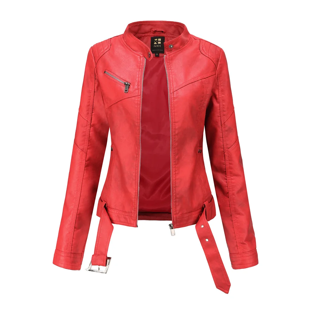 Spring and Autumn Jacket Female Casual Jacket Biker Leather Jacket Large Size Slim Leather Jacket Standing Collar Thin Section