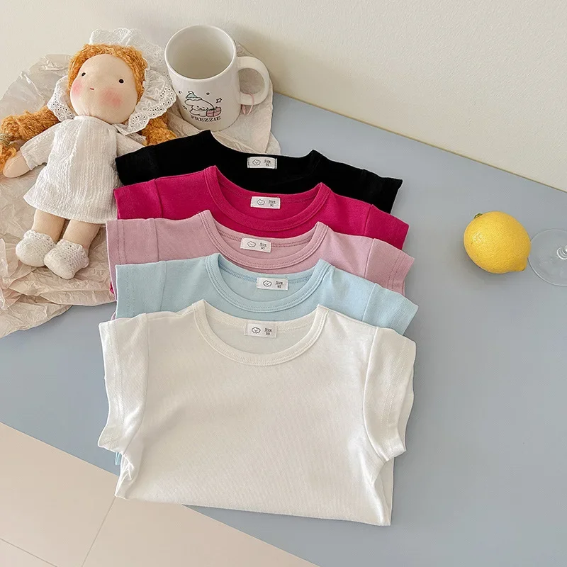Summer Round Neck Solid Color Short Sleeve Pullover Shirt Toddler Kids Newborn Baby Boy Girls T-Shirt Casual